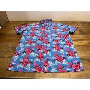 Retro Rifle Hawaiian Shirt Men’s Large Hibiscus Blue Pink Floral Short Sleeve